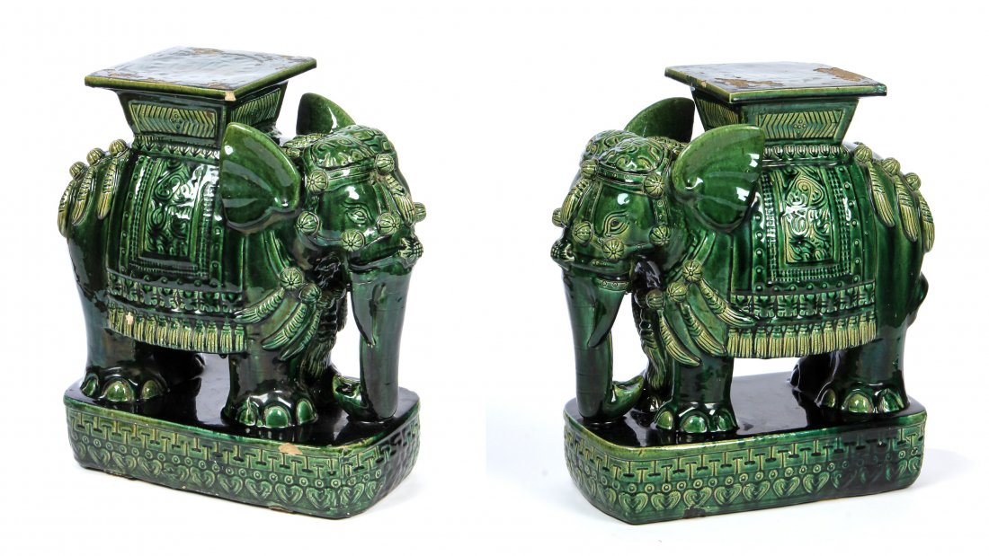 Pair of Vintage Chinese Elephant Stools: Pair of Chinese glazed porcelain elephant form garden stools. Size: 20" x 20" x 9" (51 x 51 x 23 cm).