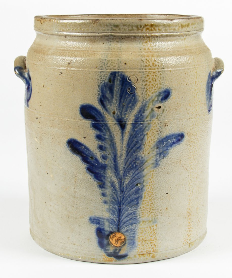 Early Earthenware Spouted Jar with Fern Motif: Early earthenware #3 spouted crockery jug with fern motif. Size: 12" x 10" x 11.5" (30 x 25 x 29 cm).