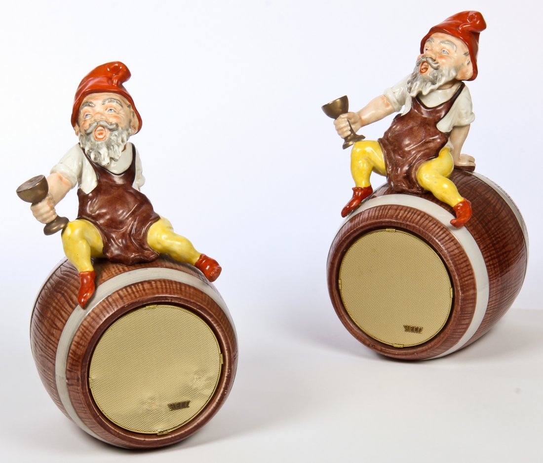1950's Heco Figural Gnome Speakers.: Pair 1950's W German biermeister figural gnome speakers by Heco. Size: 16" x 9" x 8", 41 x 23 x 20 cm (each).