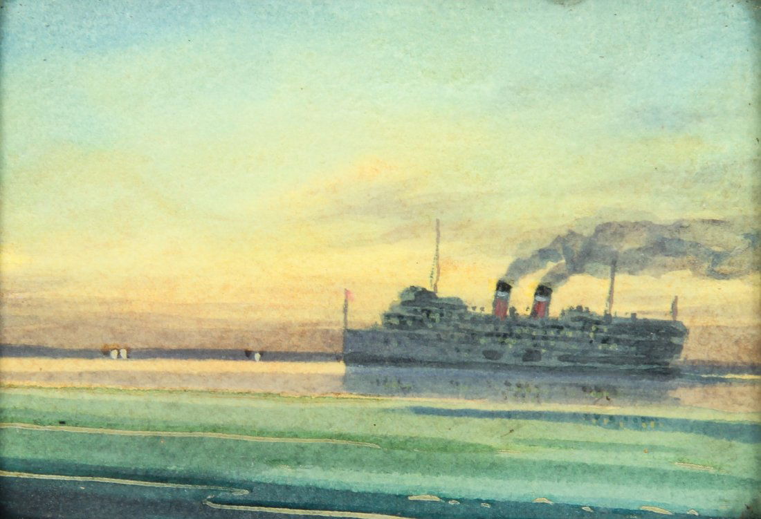 Willard Morse Mitchell (Canadian, 1879-1955): Willard Morse Mitchell (Canadian, 1879-1955) Canada Steamship Lines Vessel. Watercolor in a hand carved frame, inscribed on verso. Size: 2.5" x 3.5", 6 x 9 cm (sight), 3.25" x 4.25", 8 x 11 cm (frame)
