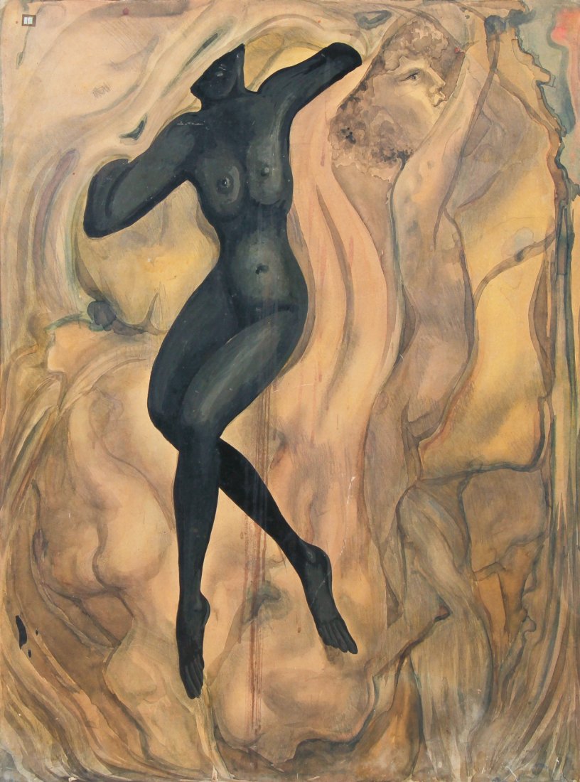 Samuel Joseph Brown (African-American, 1907-1994): Samuel Joseph Brown (African-American, 1907-1994) The Passing (Nude Figures), mixed-media on illustration board, 1974, surface abrasions and scratches. Size: 39.5" x 29.25", 100 x 74 cm (sight); 40.5"