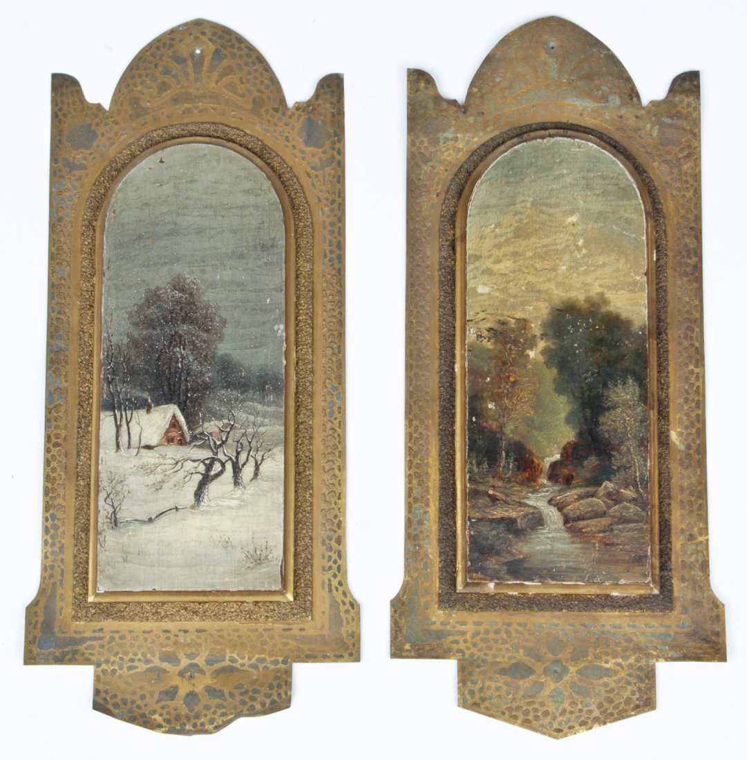 Pair of Folk Art Mounted Fine Art Escutcheons: Pair of Folk Art mounted Fine Art escutcheons. Oil on molded board, mounted on sheet metal plaques. Size: 18" x 19" (48 x 46 cm).