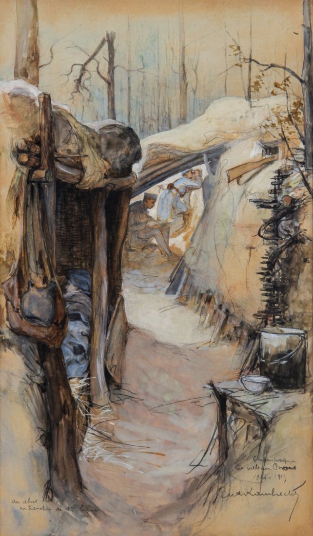 Unknown Artist (20th c.): Unknown Artist (20th c.) WWI trench warfare battle scene, signed and inscribed illegibly. Watercolor, ink and pencil on paper. Size: 18.5" x 11", 47 x 28 cm (sight), 22" x 14.75", 56 x 37 cm (frame).