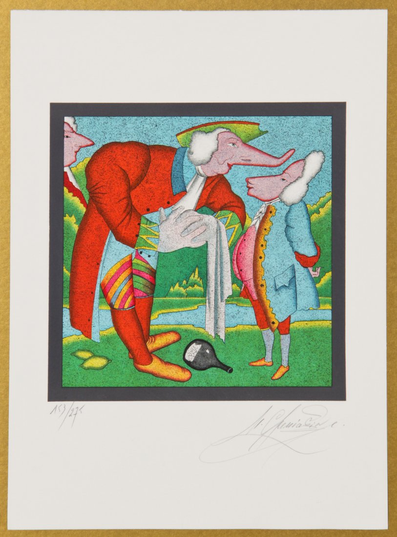 Mihail Chemiakin (Russian, b. 1943): Mihail Chemiakin (Russian, b. 1943) Court scene. 153/275. Size: 15" x 11", 38 x 28 cm (sheet), 21.5" x 17.5", 55 x 44 cm (frame).
