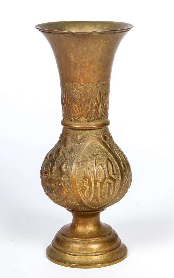 Bronze Vessel with Catholic Church Emblem: Heavy bronze vessel bearing the Catholic Church insignia. Size: 9.75" x 3.75" x 3.75" (25 x 10 x 10 cm).