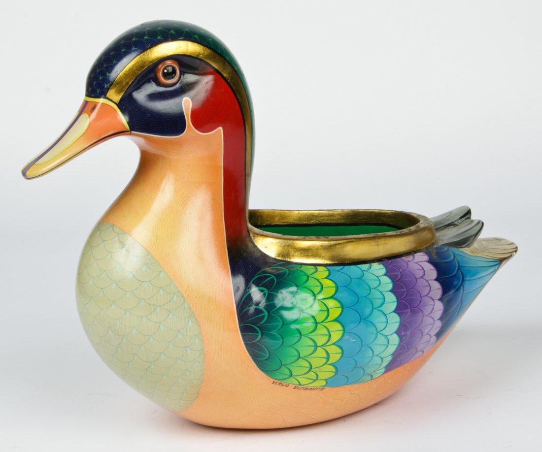 Sergio Bustamante, Duck Jardiniere: Sergio Bustamante, Duck Jardiniere. Papier mache. Signed with papers. Size: 13.5" x 9.5" x 19" (34 x 24 x 48 cm).