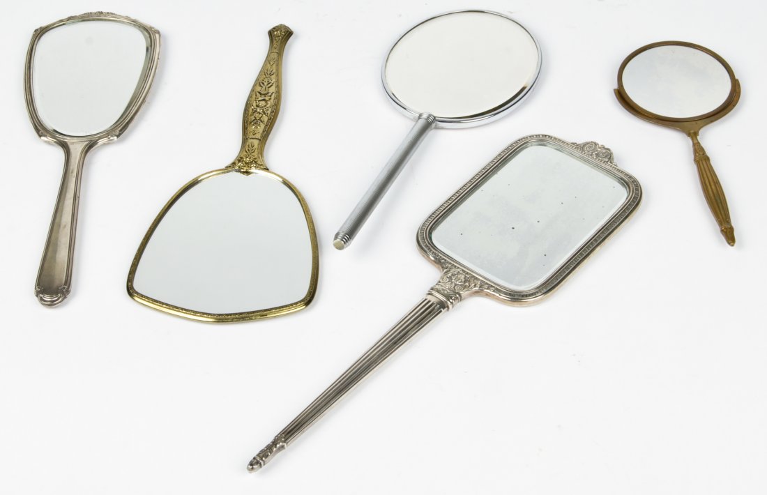 Group of 5 Antique Hand Mirrors: Group of 5 Antique Hand Mirrors. Ranging in Size from: 9" x 4" x .5" (23 x 10 x 1 cm); to 16" x 5" x .5" (41 x 13 x 1 cm).