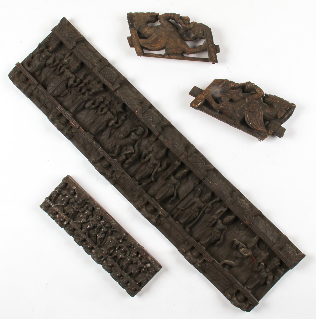 4 pc Architectural Carved Wood Lot: 4 pc Architectural Carved Wood Lot. Nepalese. 2 winged horse corbels and 2 bas relief friezes. Ranging in Size from: 12" x 6" x 2.5" (30 x 15 x 6 cm); to 12" x 46" x 2" (30 x 117 x 5 cm).