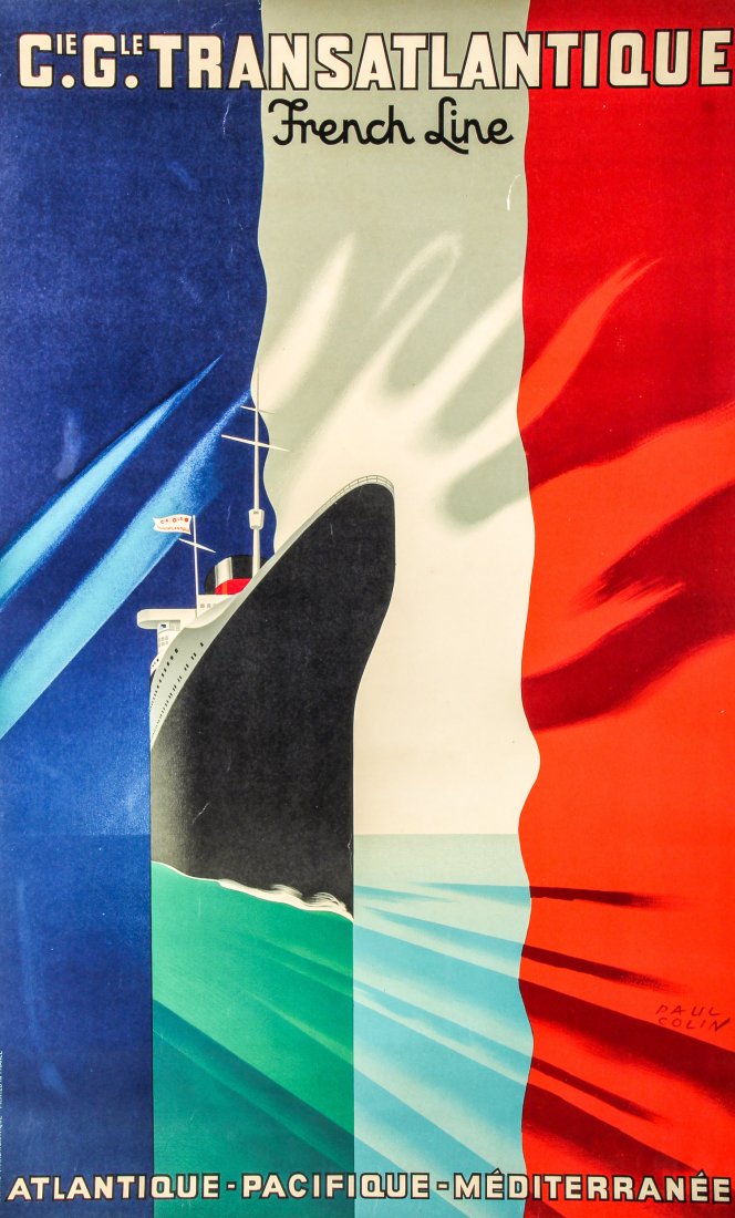 Cie. Gle. Transatlantique French Line Poster: Cie. Gle. Transatlantique French Line Poster. Linen backed By Paul Colin. Printed by Courbet Size: $3" x 28.5".