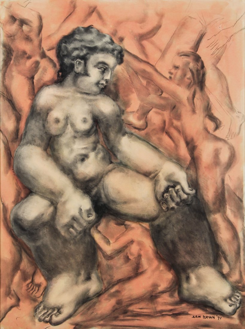 Samuel Joseph Brown (African-American, 1907-1994): Samuel Joseph Brown (African-American, 1907-1994). Mixed media on bainbridge board. Figural nudes, 1971. Size: 39.5" x 29.5", 100 x 75 cm (board), 43" x 33", 109 x 84 cm (frame).