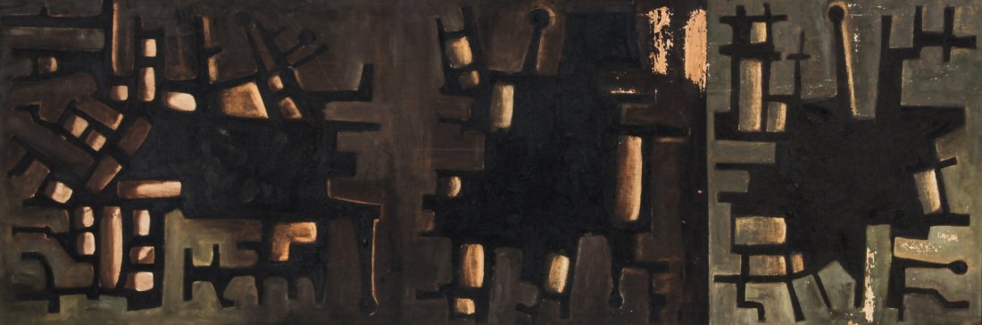 Attributed to Maurice Golubov: Attributed to Maurice Golubov. Modern abstract triptych. Oil on canvas. Size: 21.5" x 64", 55 x 163 cm (sight), 22.5" x 65", 57 x 165 cm (frame).