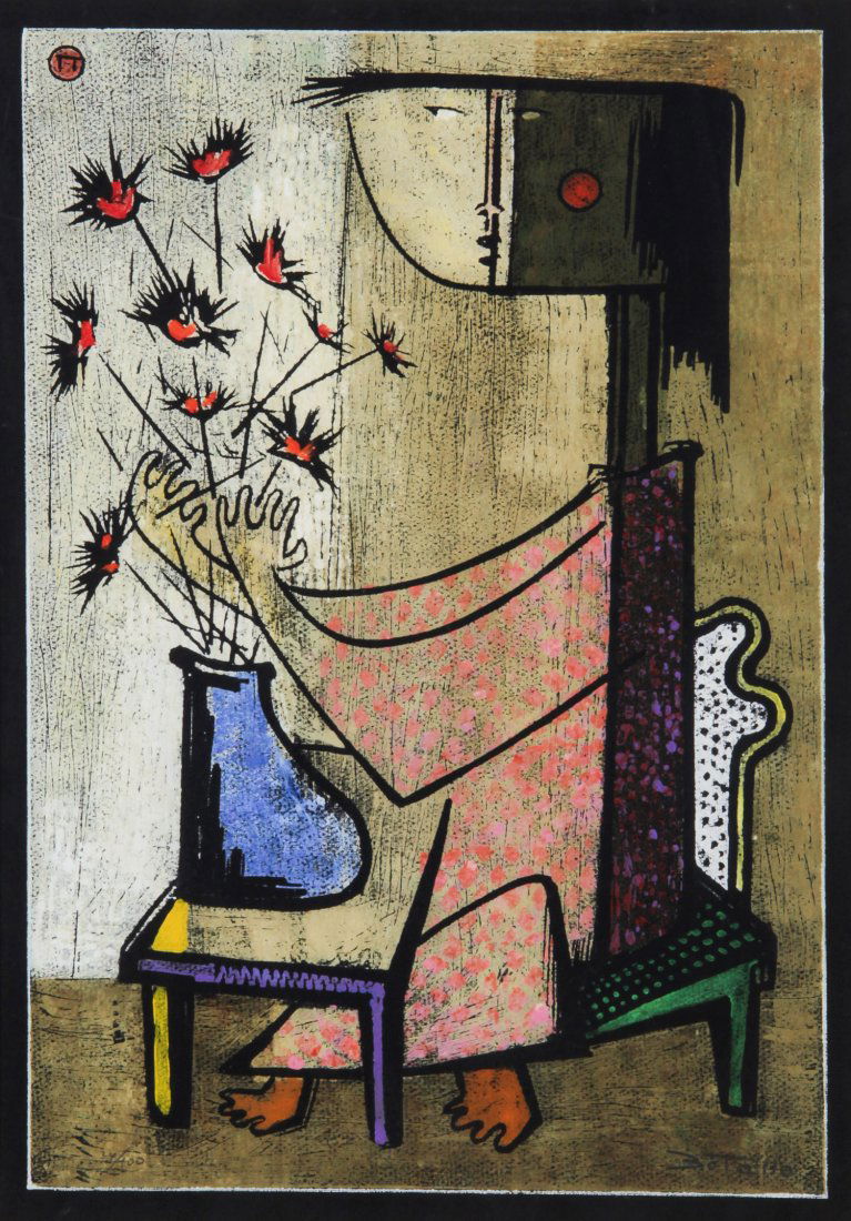 Angel Botello (Puerto Rico, 1913-1986): Angel Botello (Puerto Rico, 1913-1986) Hand colored Linocut, 34/100. Prov: Nahan Galleries (label on verso). Size: 18.5" x 13.25", 47 x 34 cm (sight), 25.25" x 19.75", 64 x 50 cm (frame).