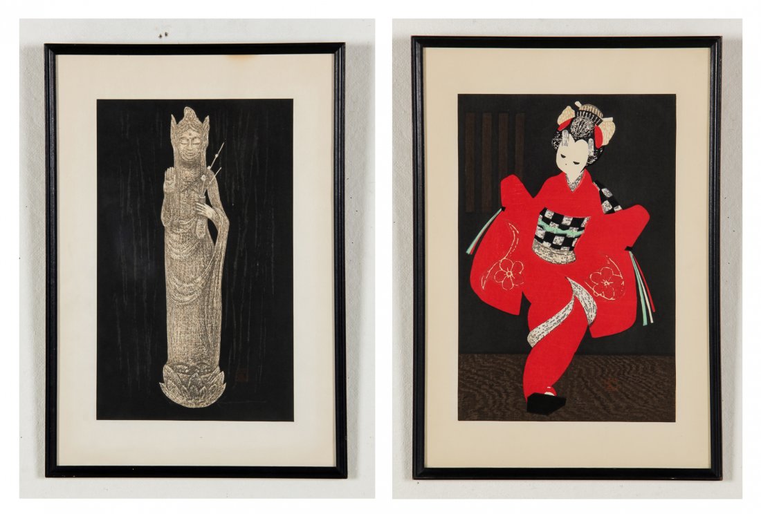 2 Kaoru Kawano (Japanese, 1916-1965) Signed Woodblock: 2 Kaoru Kawano (Japanese, 1916-1965) Signed Woodblock Prints. Size: 14.25" x 9", 36 x 23 cm (sight), 19.75" x 13.75", 50 x 35 cm (frame).