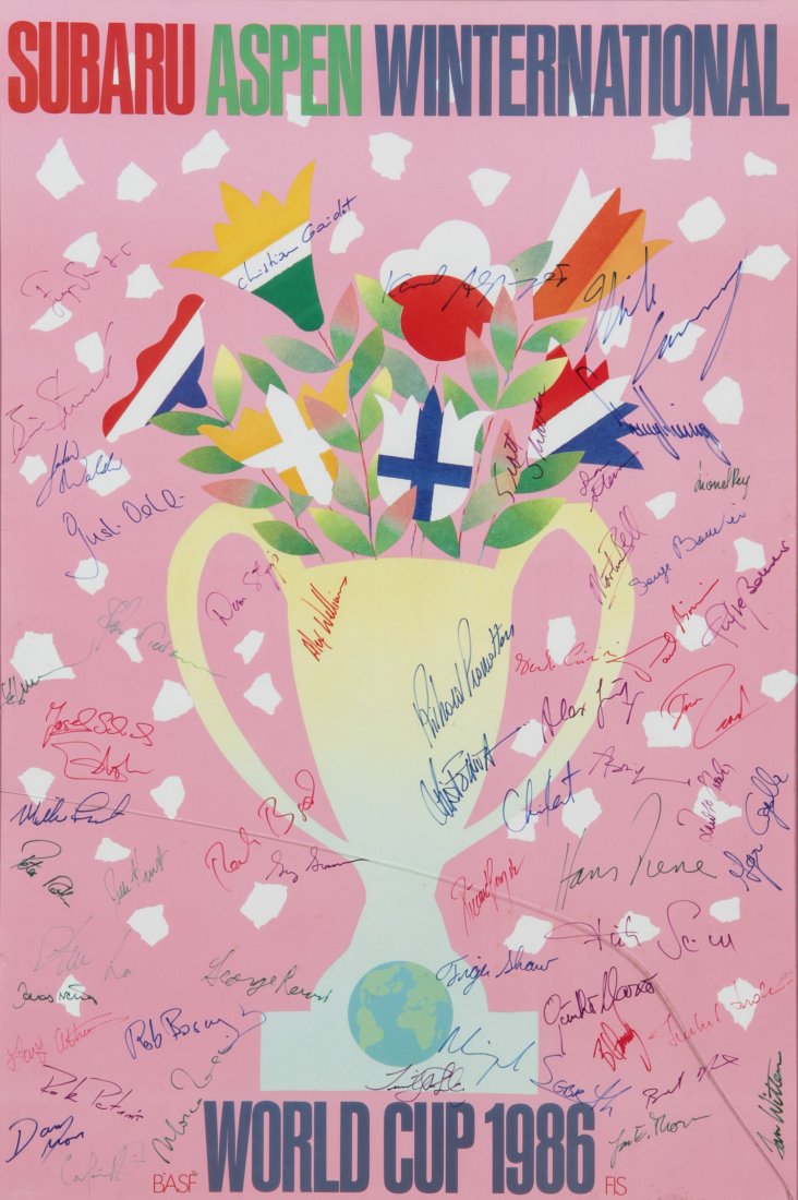 Autographed Ski Tournament Poster: Autographed Ski Tournament Poster. Subaru Apen Winternational World Cup 1986. Size: 35.5" x 23.5", 90 x 60 cm (sight), 36.25" x 24.25", 92 x 62 cm (frame).