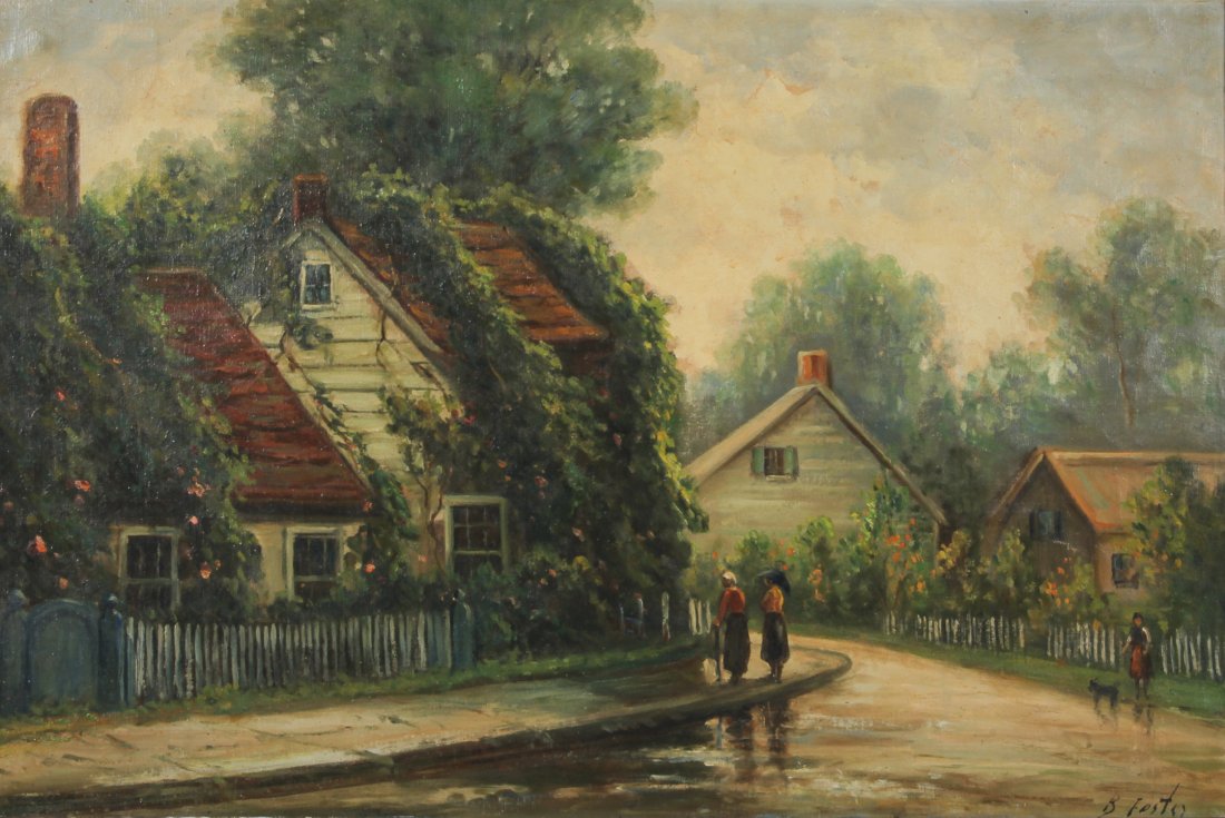 Late 19th early 20th c. Painting signed B. Foster: B. Foster, Village scene. Late 19th early 20th c. Oil on canvas. Size: 24" x 36", 61 x 91 cm (stretcher), 28.5" x 40.5", 72 x 103 cm (frame).