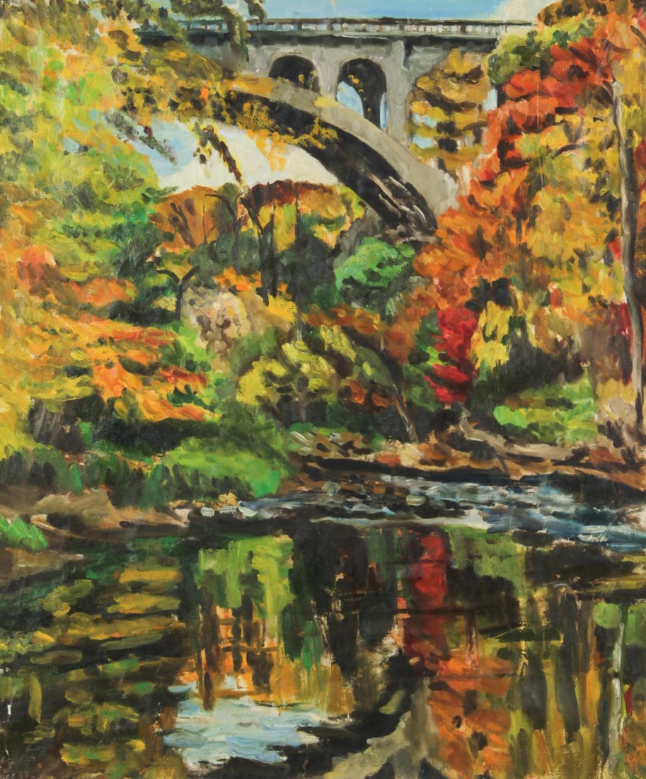 Unknown Artist, Walnut Lane Bridge: Unknown artist, Walnut Lane Bridge (Fairmount Park, Philadelphia, PA). Oil on canvas. Size: 38" x 32", 97 x 81 cm (stretcher).