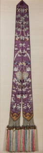 19th C. Chinese Silk Embroidered Sash: 19th C. Chinese Silk Embroidered Sash, excellent condition, original tassels. Size: 39" x 8", 99 x 20 cm (textile); 41" x 14", 104 x 36 cm (frame).
