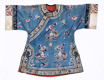 Antique Chinese Silk Embroidered Robe: Antique Chinese Silk Embroidered Robe. Size: 50" (127 cm) across shoulders, 39" (99 cm) long. California estate.