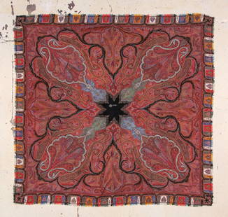 19th C. Kashmir Shawl: 79" x 79": Kashmir Shawl, wool, 19th c. Size: 79" x 79" (201 x 201 cm). California estate.