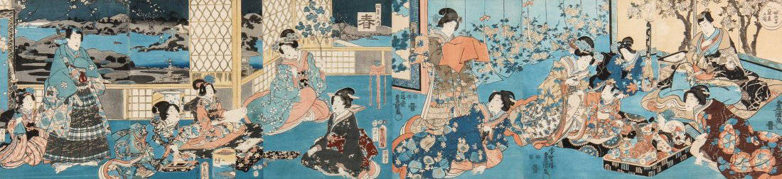 Antique Utagawa Serial Woodblock Print: Antique Utagawa Serial Woodblock Print, Japan, framed. Size: 13" x 56", 33 x 142 cm (sight); 23" x 65", 58 x 165 cm (frame). California estate.