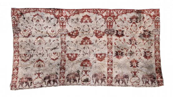18th C. Indian Wall Mural Textile: 18th C. Indian Wall Mural Textile, Block Printed Cotton. Size: 2'5" x 4'8" (74 x 142 cm).