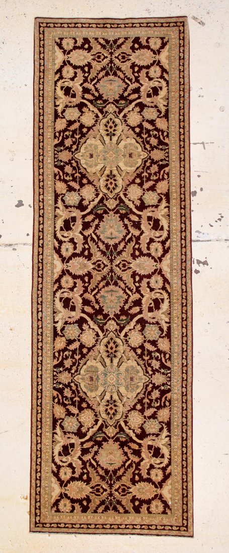 Agra Rug: 3'6" x 11'5": Agra rug, India, 20th c, minor wear. Size: 3'6" x 11'5" (107 x 348 cm).
