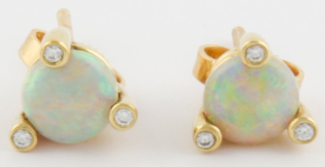 Opal, Diamond and 18K Gold Earrings: Opal, Diamond and Gold Earrings marked 18K. Postback. 2.5 g. Since 1937, the The Silver Shop of Princeton, NJ was located at 59 Palmer Square West.