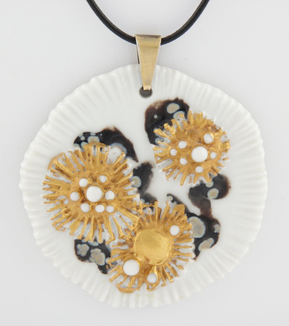 Denmark Porcelain Pendant Necklace: Denmark Porcelain Pendant Necklace. Size: 2.25"D, 6 cm (pendant). 917.6 g. Since 1937, the The Silver Shop of Princeton, NJ was located at 59 Palmer Square West.