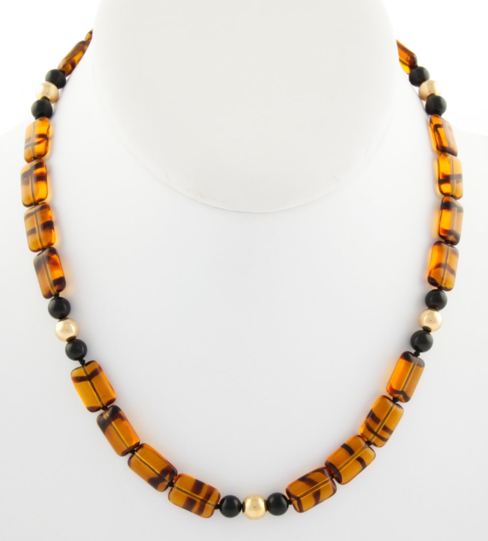 Tiger Quartz and 14K Gold and Onyx Beaded Necklace: Tiger Quartz and 14K Gold and Onyx Beaded Necklace marked 585. 15"L (38 cm). 20.5 g. Since 1937, the The Silver Shop of Princeton, NJ was located at 59 Palmer Square West.