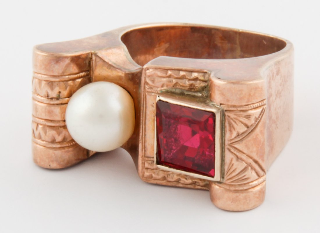 14K Transitional Ring with Pearl and Square-Cut: Transitional Ring with Pearl and square-cut bezel-set Ruby on incised Scroll-form Gold Ring marked 14K. Size 5. 8.7 g. Since 1937, the The Silver Shop of Princeton, NJ was located at 59 Palmer Square 