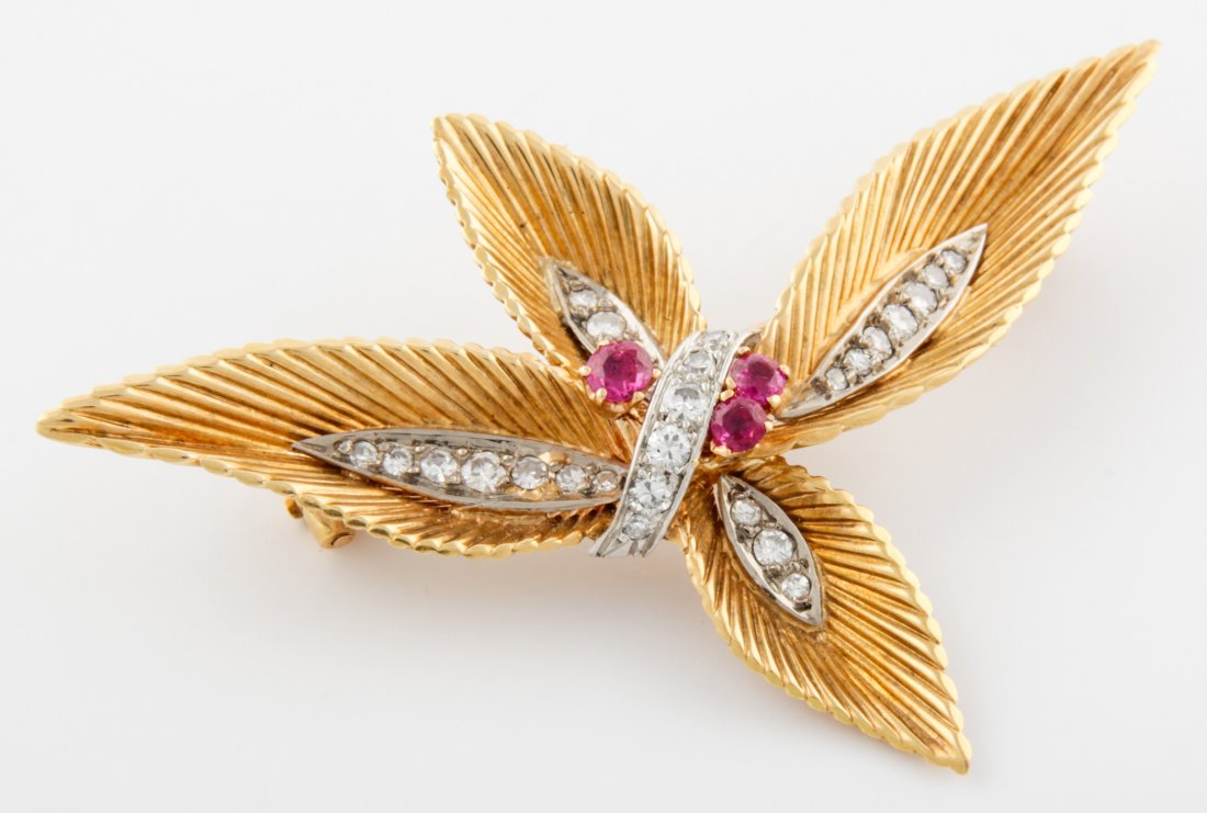 14K Gold, Platinum, Diamond and Ruby Pin: 14K Gold, Platinum, Diamond and Ruby Pin. Size: 2.25" x 1.5" (6 x 4 cm). 10.3 g. Since 1937, the The Silver Shop of Princeton, NJ was located at 59 Palmer Square West.