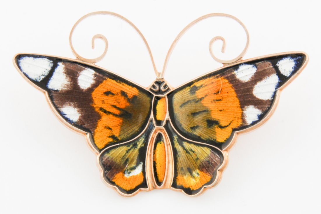 Silver with a Gold Wash and Enamel Butterfly Pin marked: Silver with a Gold Wash and Enamel Butterfly Pin marked David Andersen Norway Sterling 925 S. Size: 1" x 1.75" (2.5 x 4.5 cm). 7.5 g.Since 1937, the The Silver Shop of Princeton, NJ was located at 59