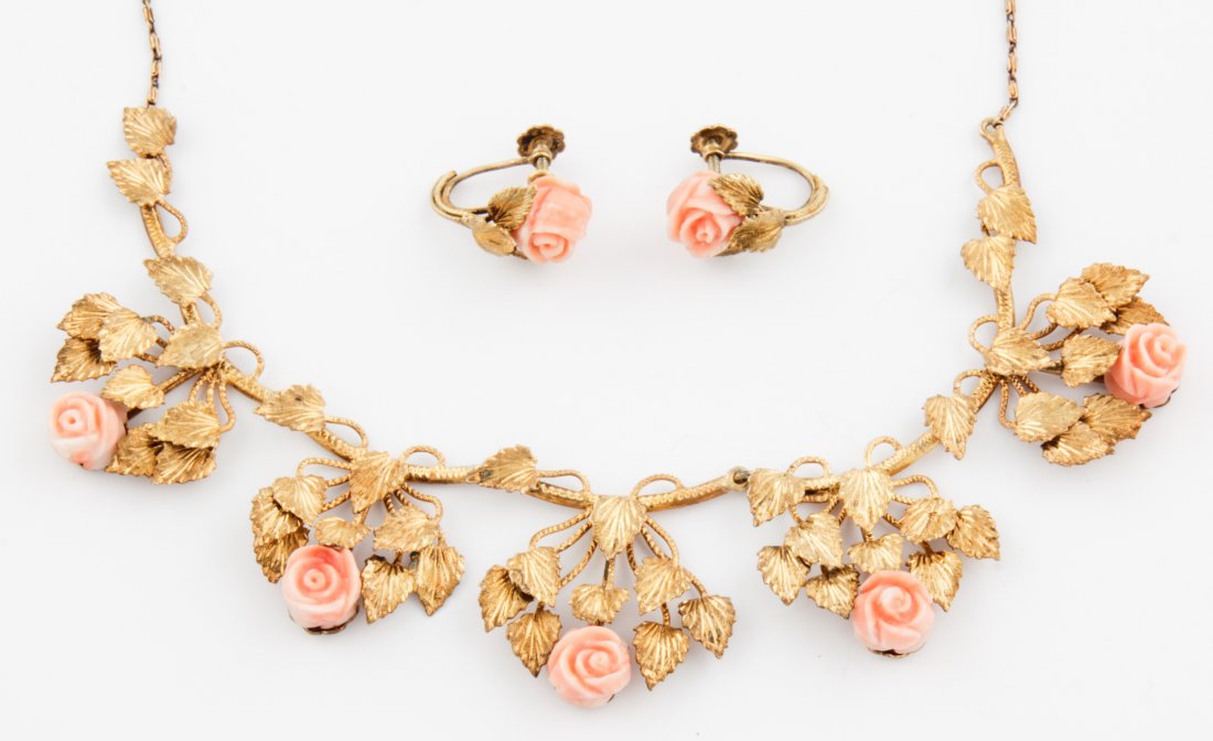 19th c. Gold Vermeil and Carved Coral Roses Necklace: 19th c. Gold Vermeil and Carved Coral Roses Necklace and Earrings Suite marked 835. 18"L" (46 cm). 21.5 g. Since 1937, the The Silver Shop of Princeton, NJ was located at 59 Palmer Square West.