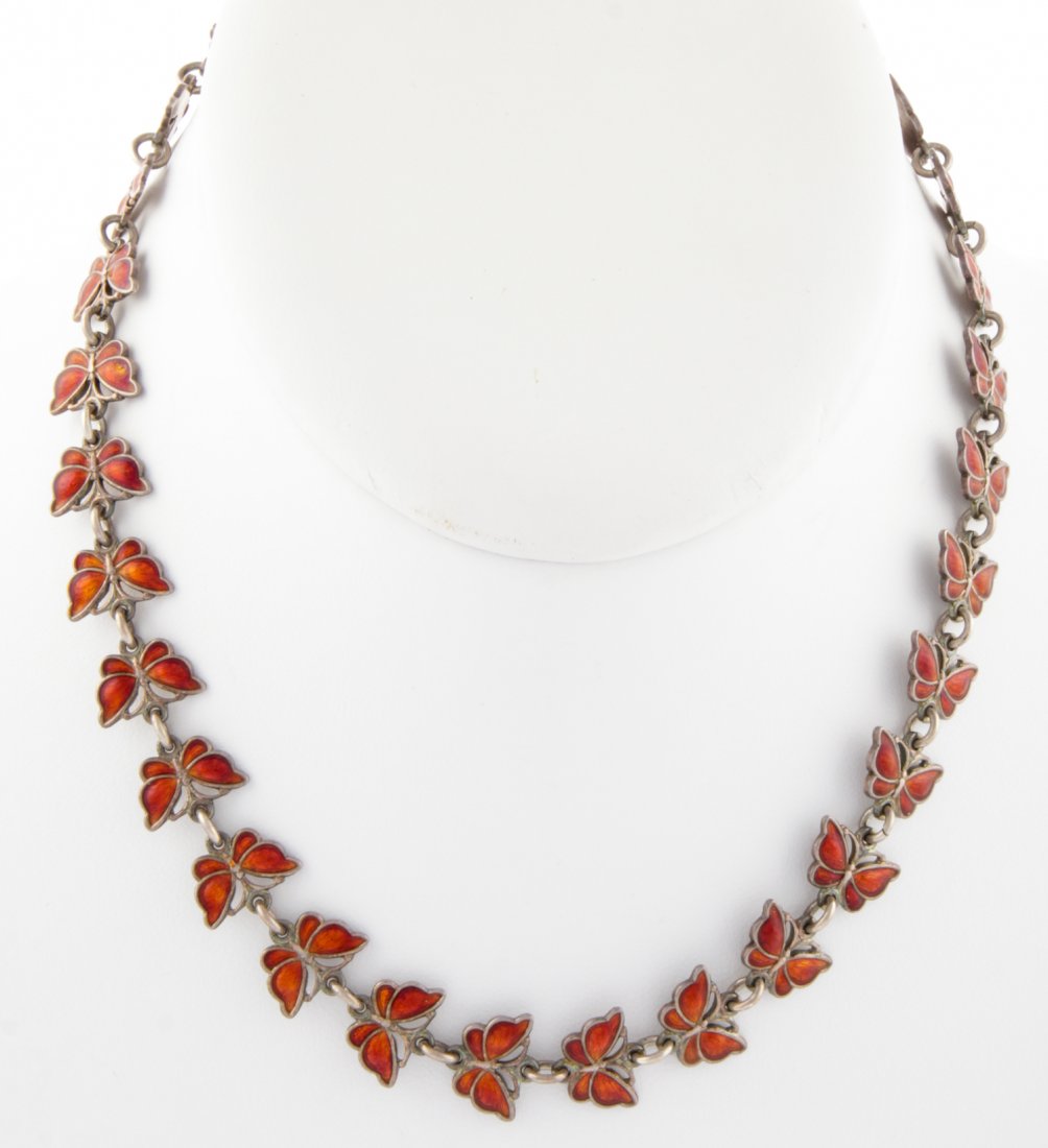 Vintage Silver and Enamel Butterfly Necklace: Vintage Silver and Enamel Butterfly Necklace marked AD Sterling Denmark. 15"L (38 cm). 24.3 g. Since 1937, the The Silver Shop of Princeton, NJ was located at 59 Palmer Square West.