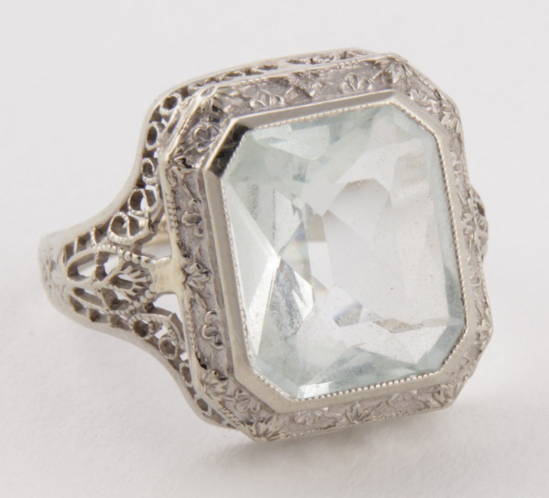 14K White Gold and Topaz Ring: White Gold and Topaz Ring. Pale Blue Topaz in 14K Ring. Size 6. Since 1937, the The Silver Shop of Princeton, NJ was located at 59 Palmer Square West.