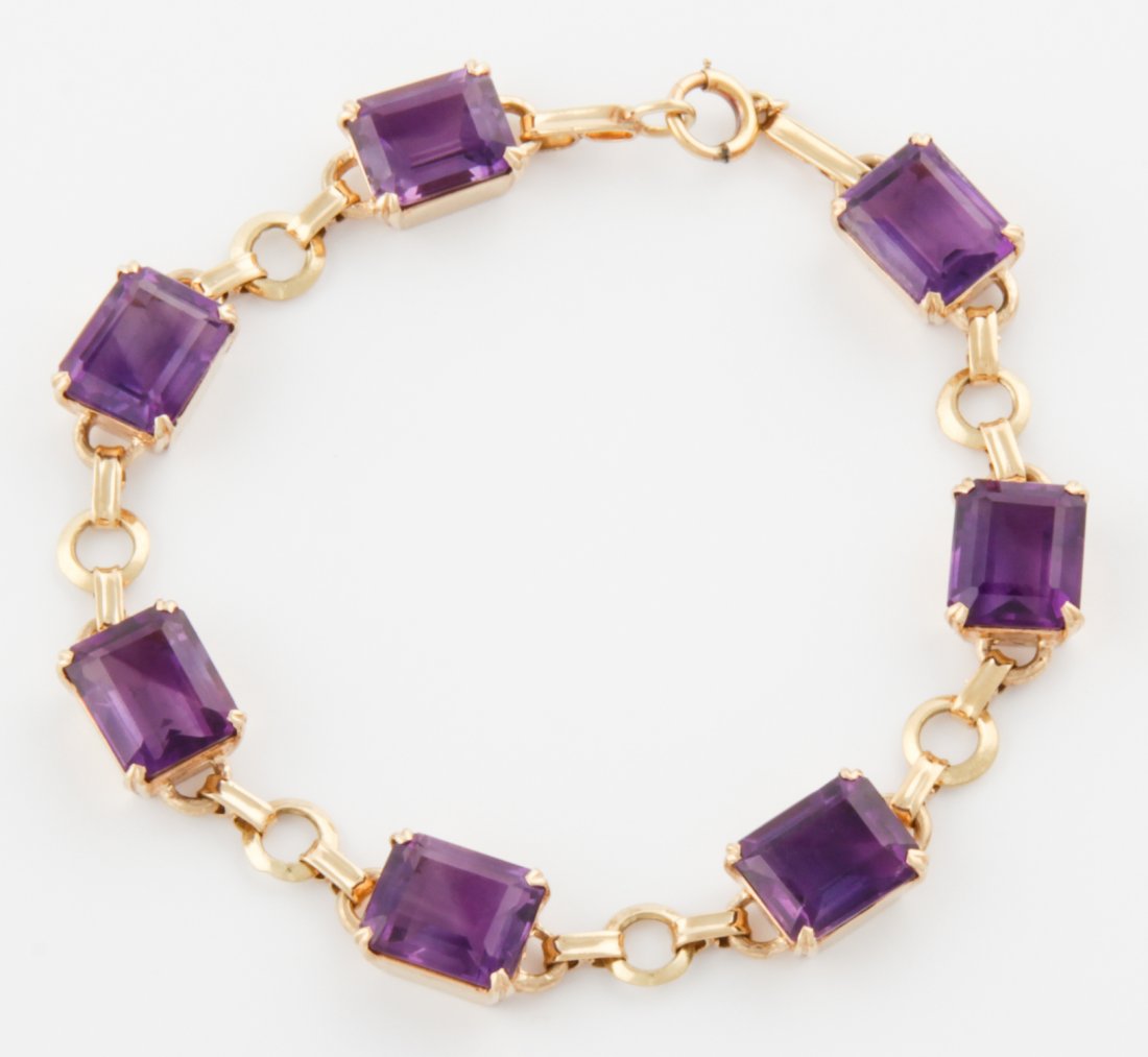 14K Gold and Amethyst Bracelet: Gold and Amethyst Bracelet marked 14K. 7.5"L (19 cm). 17.4 g. Since 1937, the The Silver Shop of Princeton, NJ was located at 59 Palmer Square West.