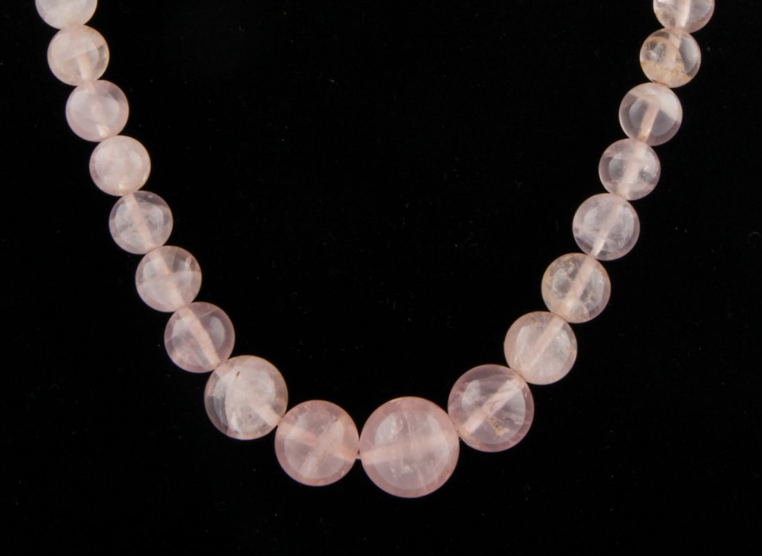 Beautiful Polished Rose Quartz Beads: Beautiful Polished Rose Quartz Beads. Graduated and Newly Strung. 14K Clasp. 16"L (41 cm). 56.9 g. Since 1937, the The Silver Shop of Princeton, NJ was located at 59 Palmer Square West.