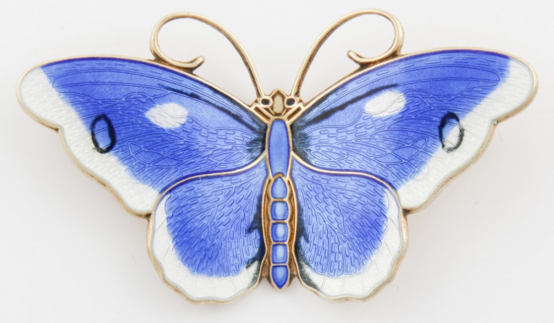 Vintage Enamel and Silver Butterfly Pin: Vintage Enamel and Silver Butterfly Pin marked Sterling 925 S Norway. 1.5" x 2.5" (4 x 6.5 cm). 17.7 g. Since 1937, the The Silver Shop of Princeton, NJ was located at 59 Palmer Square West.