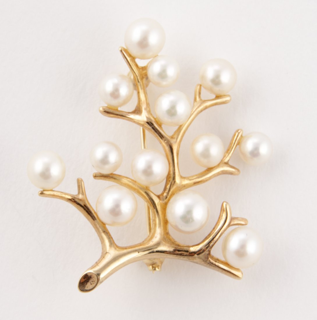 14K Gold and Pearl Pin: Gold and Pearl Pin. Tree Branch Brooch marked 14K. 1.25" x 1.25". 0.19 ozt. Since 1937, the The Silver Shop of Princeton, NJ was located at 59 Palmer Square West.