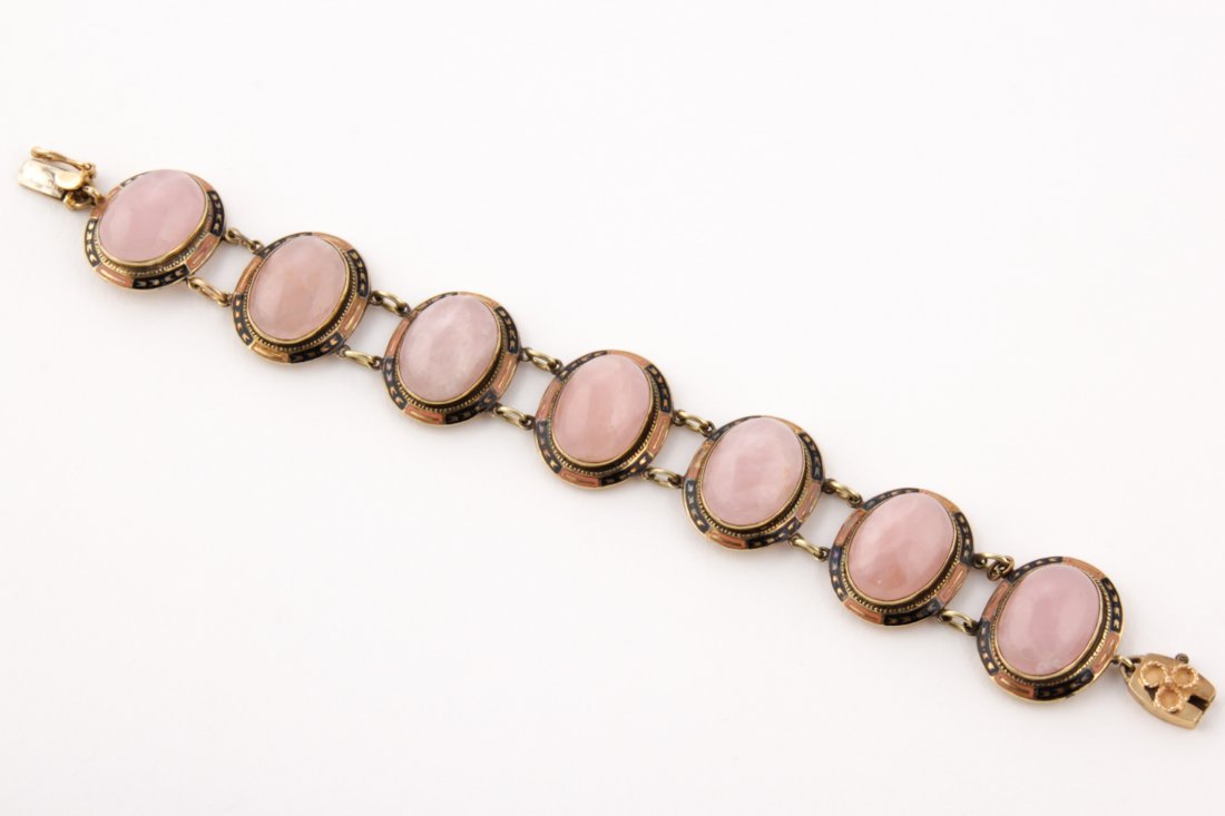 14K Gold, Rose Quartz and Enamel Bracelet: Gold, Rose Quartz and Enamel Bracelet marked 14K. 7"L. 0.82 ozt. Since 1937, the The Silver Shop of Princeton, NJ was located at 59 Palmer Square West.