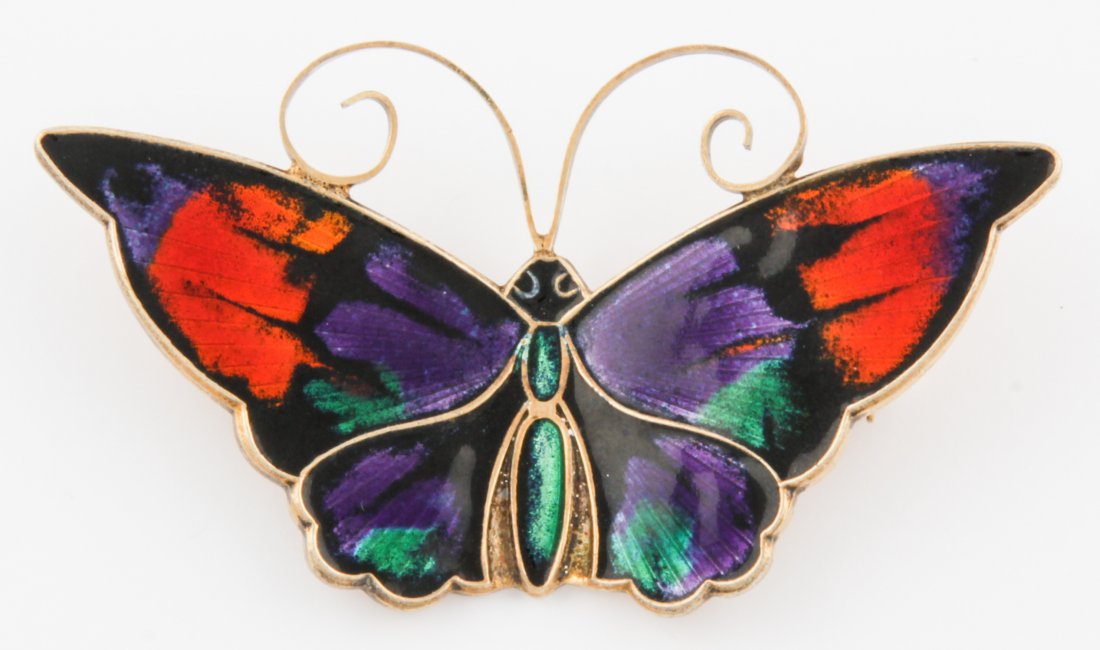 Silver and Gold Vermeil and Enamel Butterfly Pin: Silver and Gold Vermeil and Enamel Butterfly Pin marked 925 S Norway Sterling. Size: 2" x 1.25" (5 x 3 cm). 10.6 g. Since 1937, the The Silver Shop of Princeton, NJ was located at 59 Palmer Square Wes