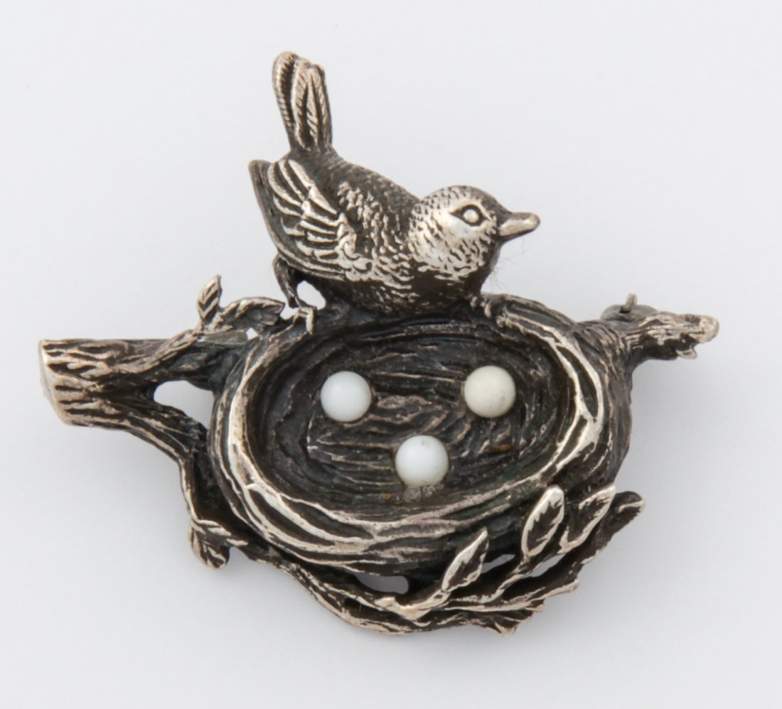 Silver & Onyx Bird's Nest Pin: Anson Bird's Nest Silver and Onyx Pin. Naturalistic. Marked Anson Sterling. Solid.Size: 1.25" x 1" (3 x 3 cm). 10.2 g. Since 1937, the The Silver Shop of Princeton, NJ was located at 59 Palmer Square 