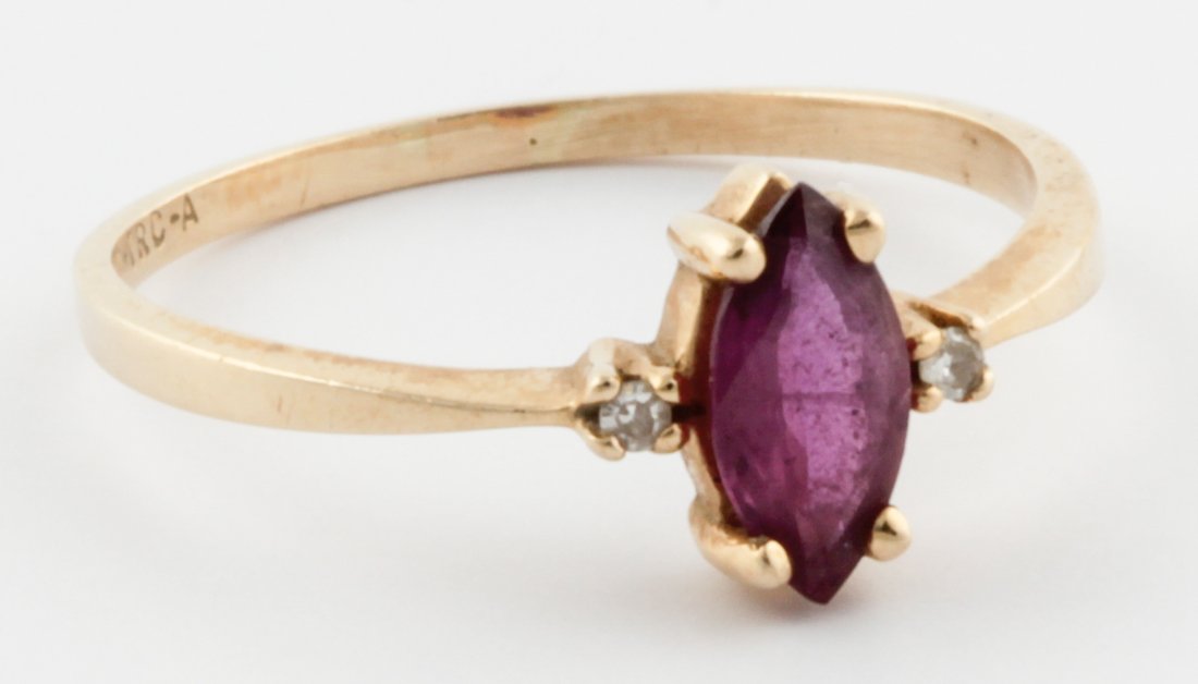 14K Gold, Amethyst and Diamond Ring: Gold, Amethyst and Diamond Ring marked 14K TRC A. Size 7.5. 1.6 g. Since 1937, the The Silver Shop of Princeton, NJ was located at 59 Palmer Square West.