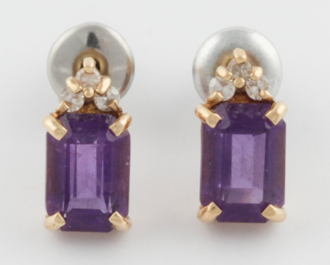 Pair of Gold, Amethyst and Diamond Earrings: Pair of Gold, Amethyst and Diamond Earrings. Postback. Unmarked. 1.9 g. Since 1937, the The Silver Shop of Princeton, NJ was located at 59 Palmer Square West.