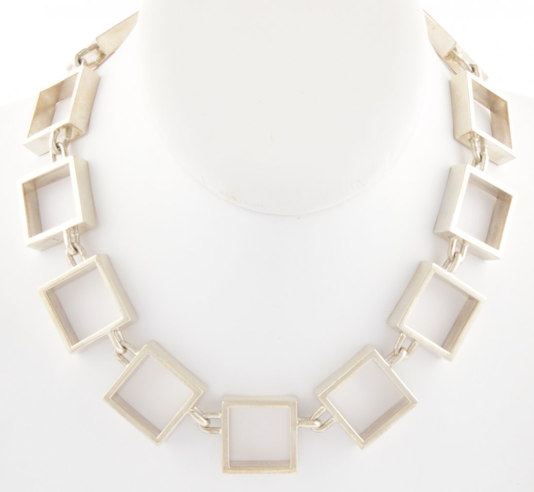 Hans Hansen Sterling Silver Necklace: Hans Hansen Sterling Silver Necklace consisting of perfectly-formed and finished Silver Squares connected to each other by opposing oval links with ergonomic results. Wearably Heavy. Marked 925 S Denm
