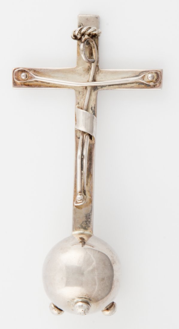Portable Altar in Sterling Silver: Portable Altar in Sterling Silver with an Abstract Corpus on Cross mounted on 3-footed Ball marked 925. Size: 3.75" x 1.75" (9.5 x 4.5 cm). 29.2 g. Since 1937, the The Silver Shop of Princeton, NJ was