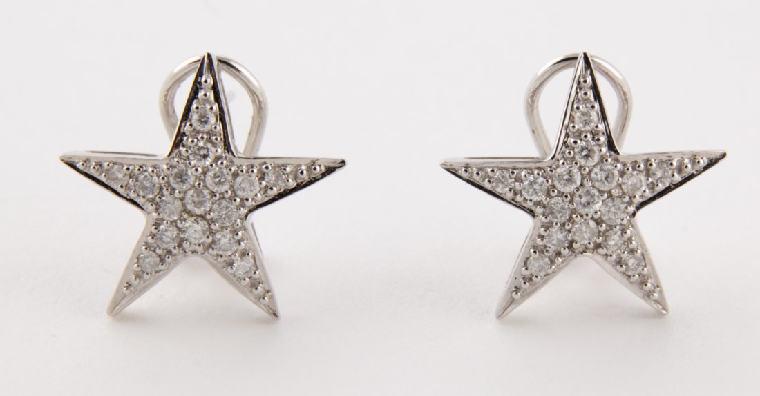 White Gold and Diamond Earrings: White Gold and Diamond Earrings. Stars set with Diamonds on Postbacks w/clips. Marked 18K. .75"D. Since 1937, the The Silver Shop of Princeton, NJ was located at 59 Palmer Square West.
