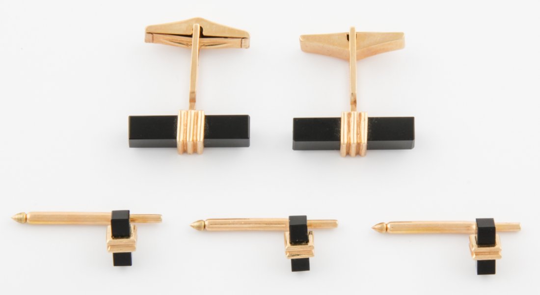 14K Gold and Onyx Dress Set: Gold and Onyx Dress Set. Cufflinks and Studs marked 14K. 14.3 g. Since 1937, the The Silver Shop of Princeton, NJ was located at 59 Palmer Square West.