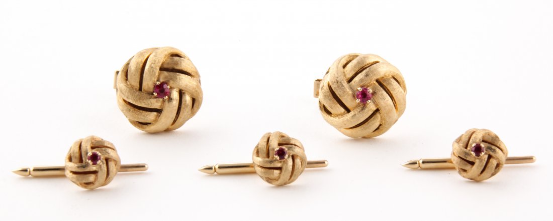 14K Gold and Ruby Gentleman's Dress Set: Gold and Ruby Gentleman's Dress Set. Woven & Open Cufflinks and Studs set with Rubies marked 14K. 0.68 ozt. Since 1937, the The Silver Shop of Princeton, NJ was located at 59 Palmer Square West.