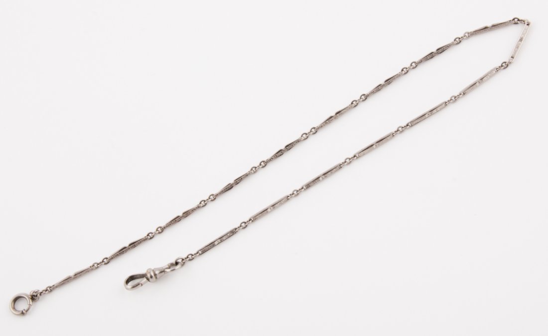 Silver Watch Fob Chain: Silver Watch Fob Chain marked Simmons. 14"L (36 cm). 6.8 g. Since 1937, the The Silver Shop of Princeton, NJ was located at 59 Palmer Square West.